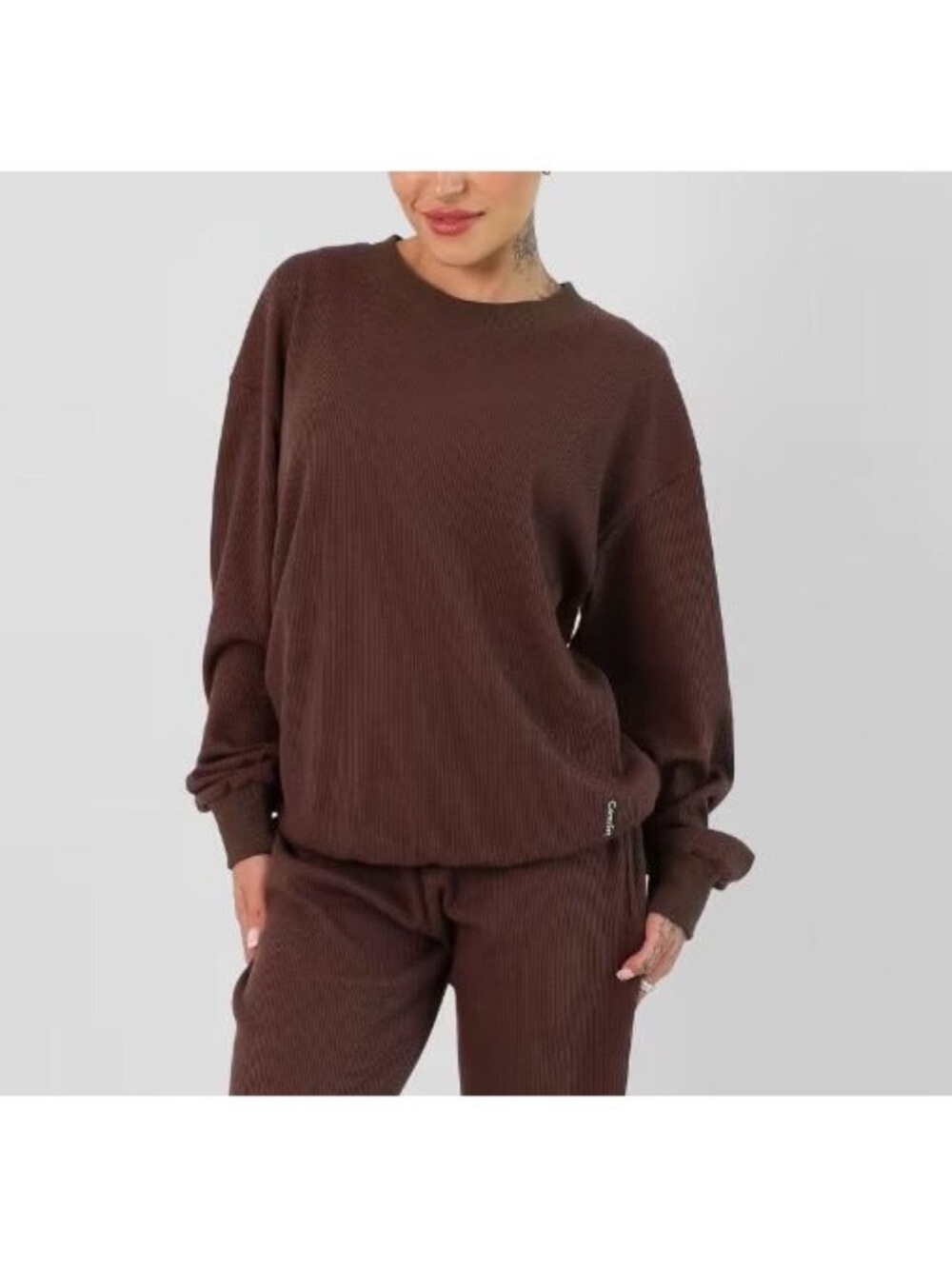 Brown Crew Neck Waffle Sweater